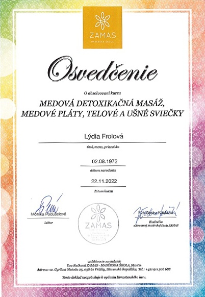 Certifikát Lýdia – Apiterapia