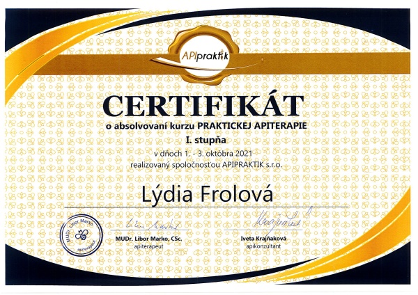 Certifikát Lýdia – Apiterapia
