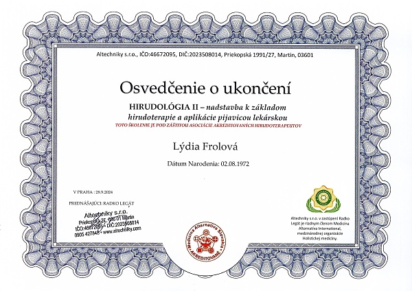 Certifikát Lýdia – Hirudoterapia 1